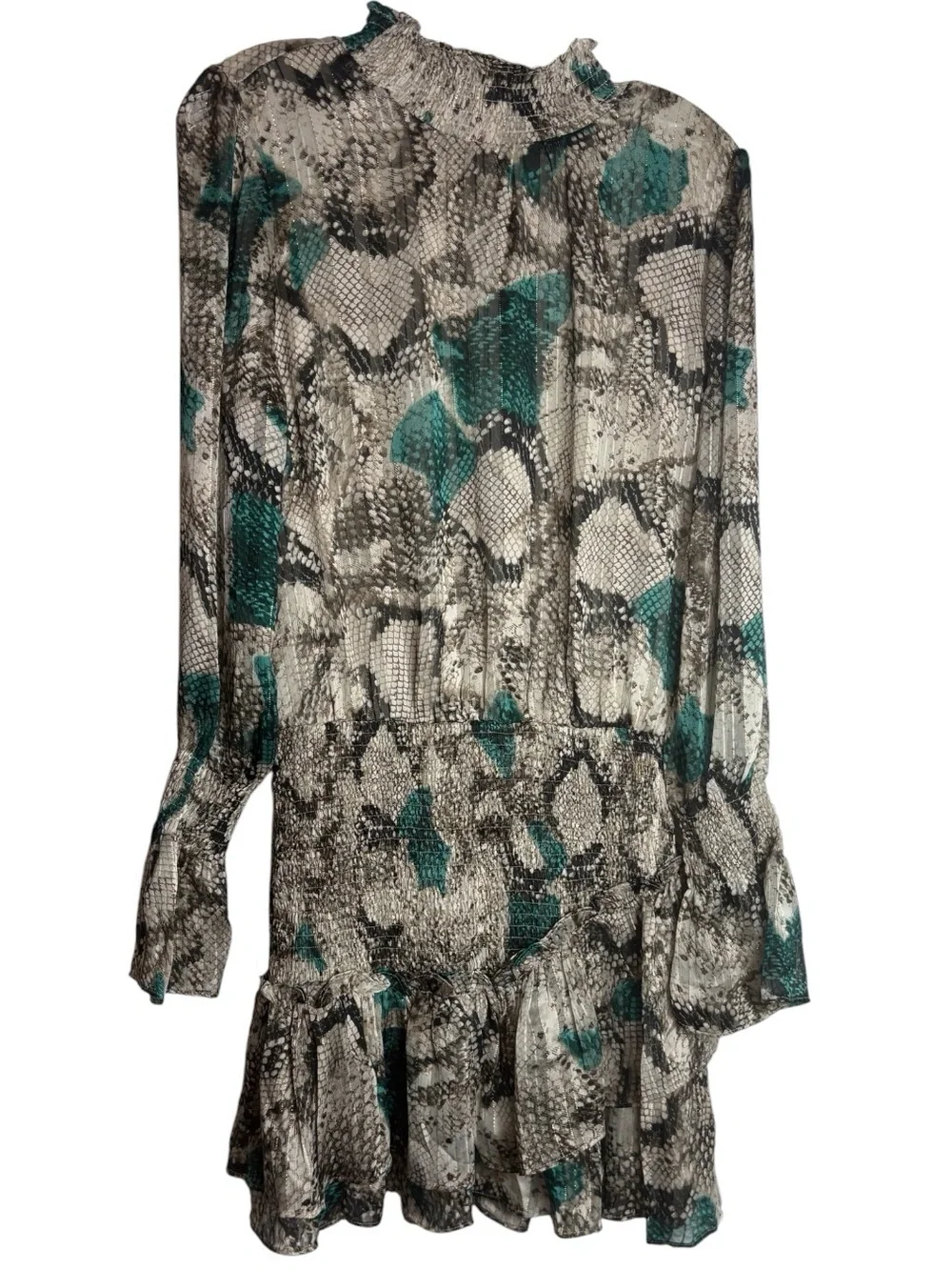 BUDDY LOVE Teal / Gray Ruffle ZoZo Snake-Print Long Sleeve Mini Dress MED NWT